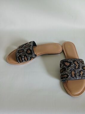 Beaded Black Gray Gold Slide Sandals for Women Sz7M Open Toe Flat Heel